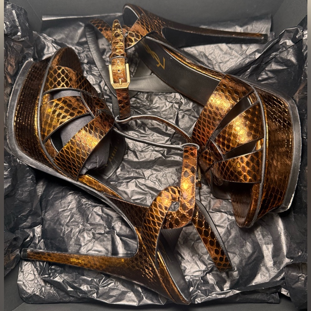 PRE-OWNED - Yves Saint Laurent Tribute Metallic Snakeskin Heel Sandals Size 39.5 - Picture 6 of 14